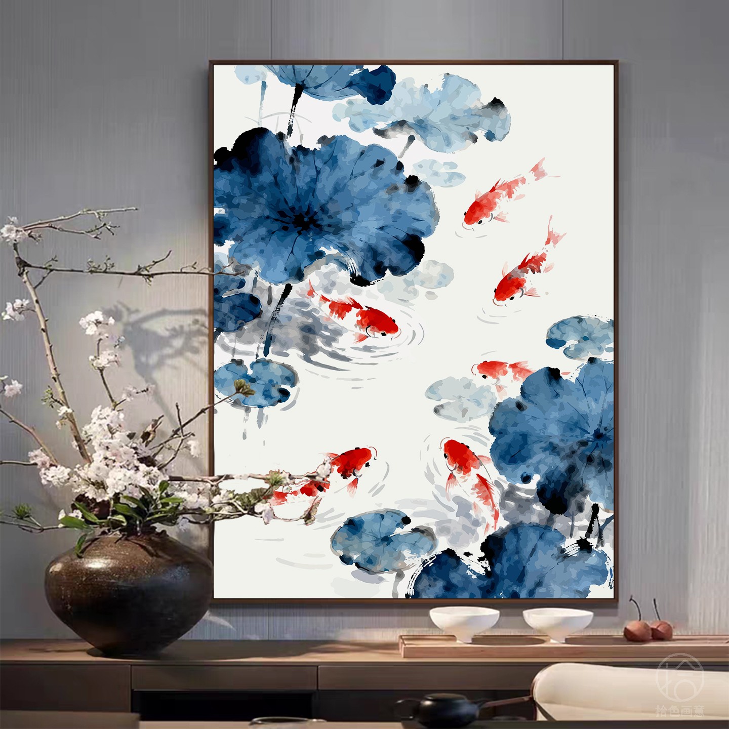 数字油画中国风荷塘锦鲤DIY