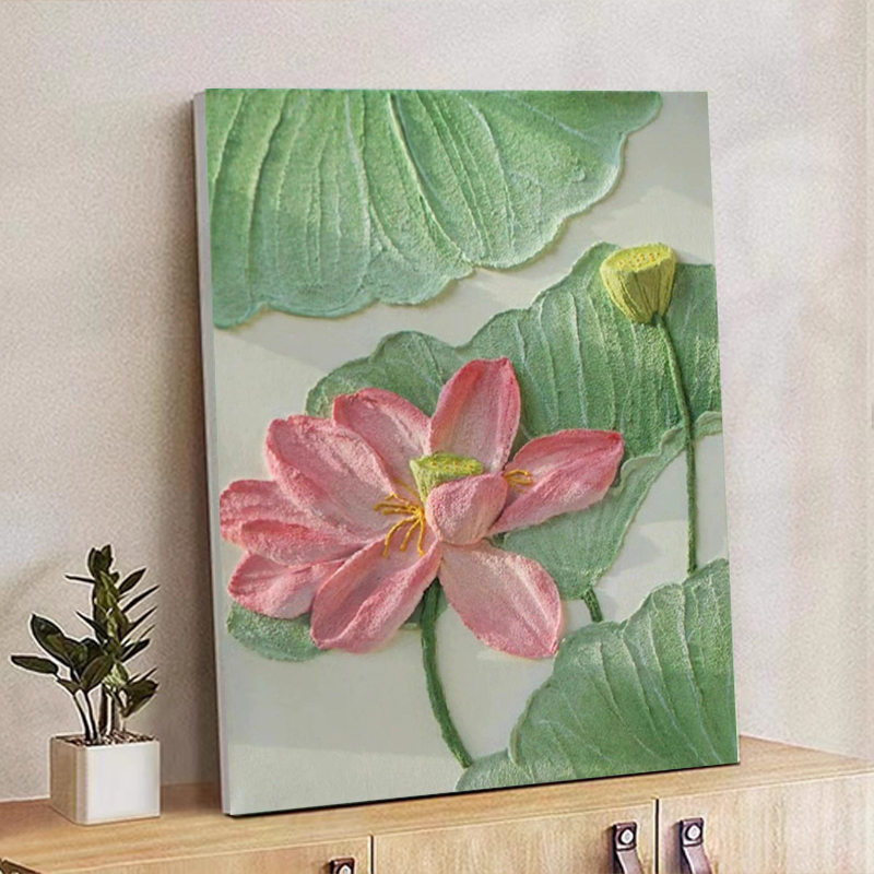 中国风荷花石英砂肌理画diy全套材料手工莲蓬数字油画高级装饰画图片