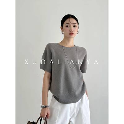徐大脸吖定制 蓬松柔软无缝全羊毛针织衫上衣秋慵懒感短袖毛衣女