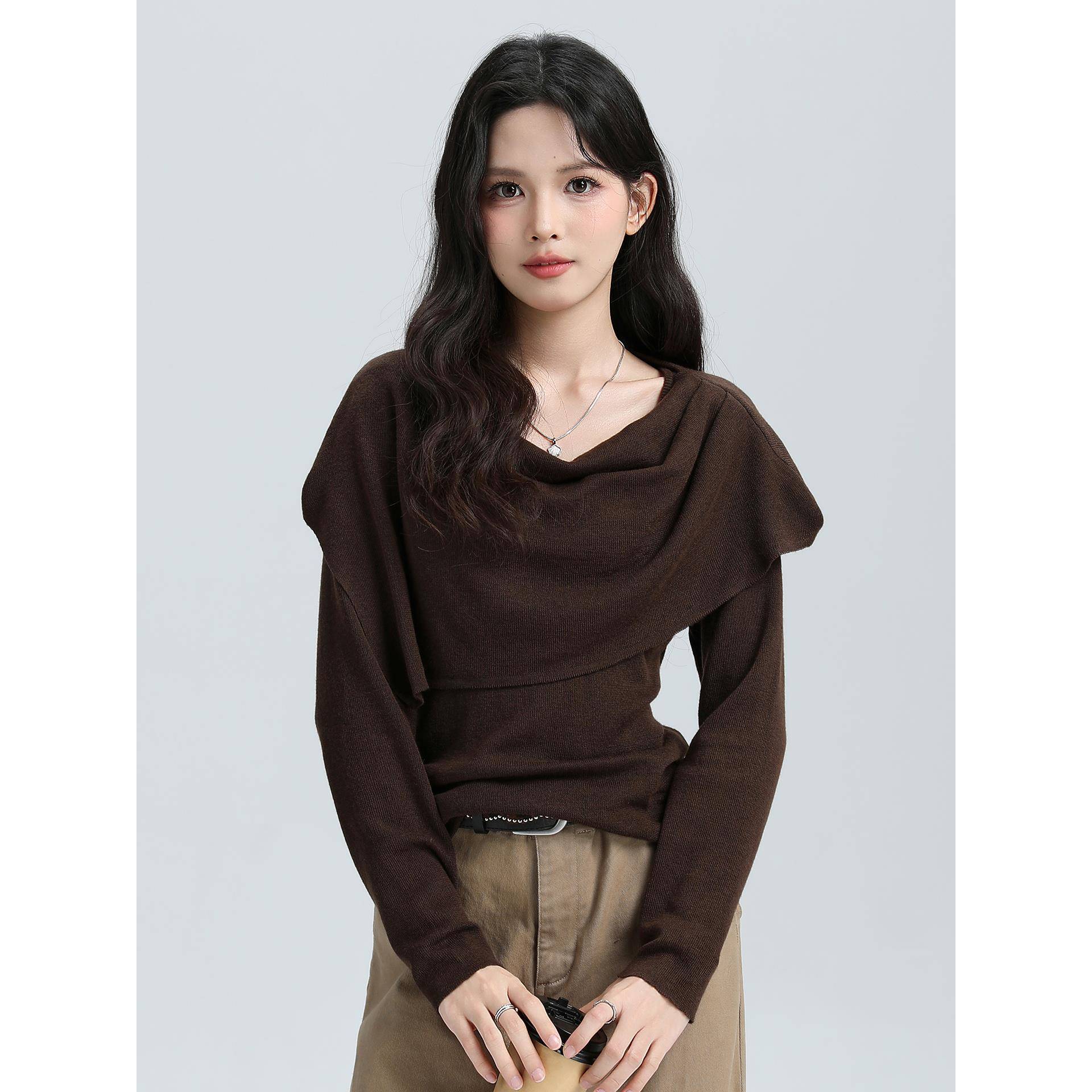 咖色荡领披肩假两件针织衫女早秋穿搭潮美拉德打底衫上衣套头毛衣