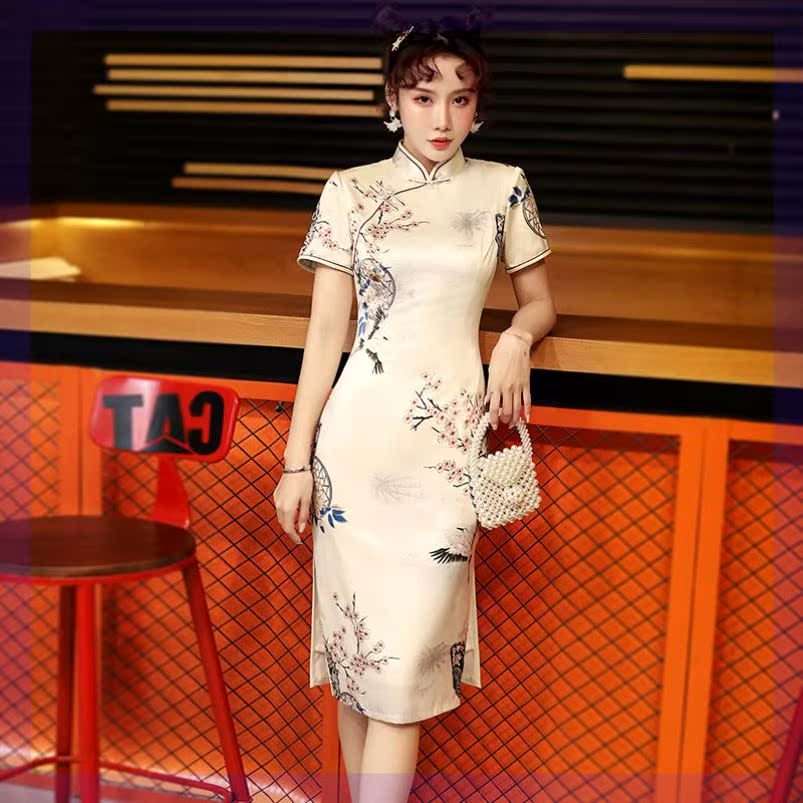 2021春季新款改良日常旗袍女复古中国风双层丝绸走秀