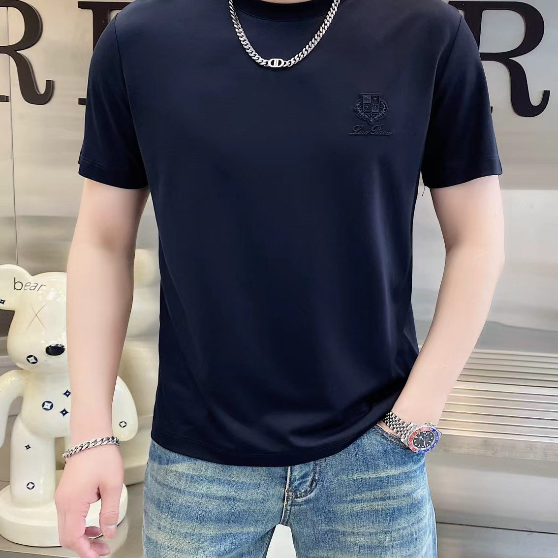 长人轻薄夏季冰蚕丝烧花T恤男短袖满身烧花圆领立体字母修身简