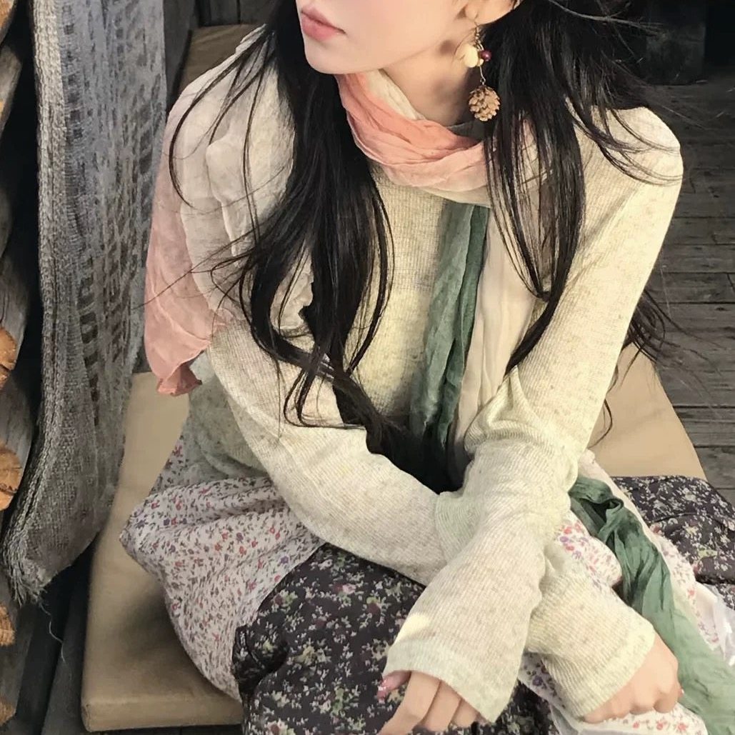 文艺调调~清新配色碎花拼色围巾