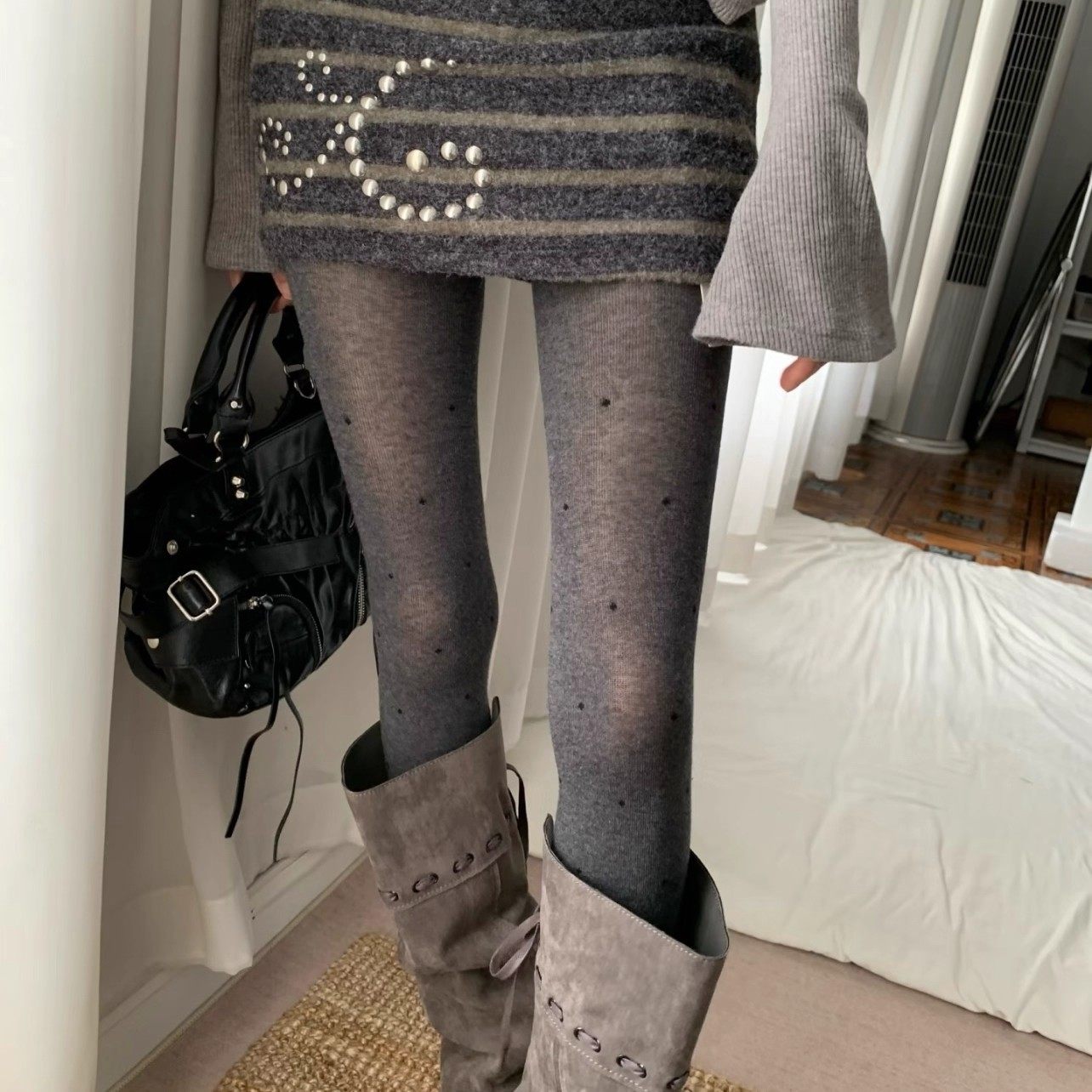 简约风灰色波点连裤袜子女秋冬微透肉辣妹显瘦黑色外穿打底裤丝袜