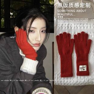 加长款红色针织毛线露指手套女秋冬季骑车保暖防寒2026年新年配饰