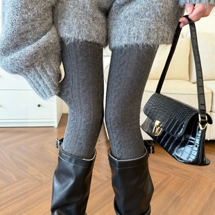 好高级好纯欲 袜 深灰色麻花竖条纹打底连裤 秋冬韩女miu系get