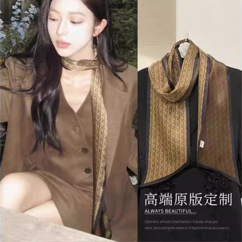 老钱风~复古气质优雅经典咖色印花长巾飘带 欧美时尚纯欲风围巾