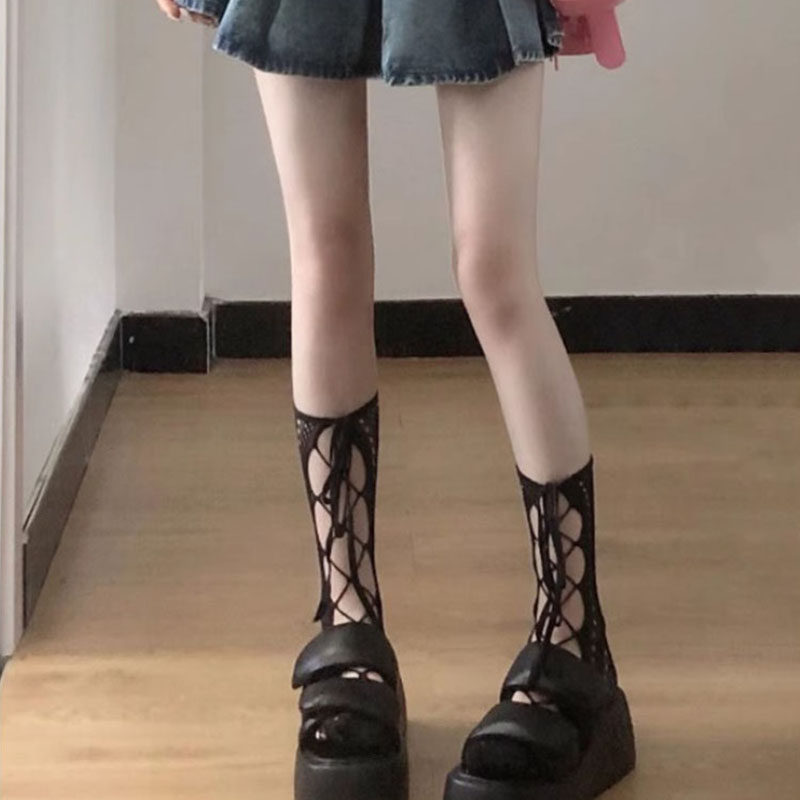 夏季黑色绑带袜子女交叉小腿袜