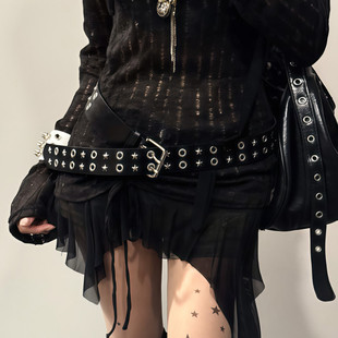 高级感复古铆钉朋克风黑色星星皮带女亚文化百搭宽设计感小众腰带