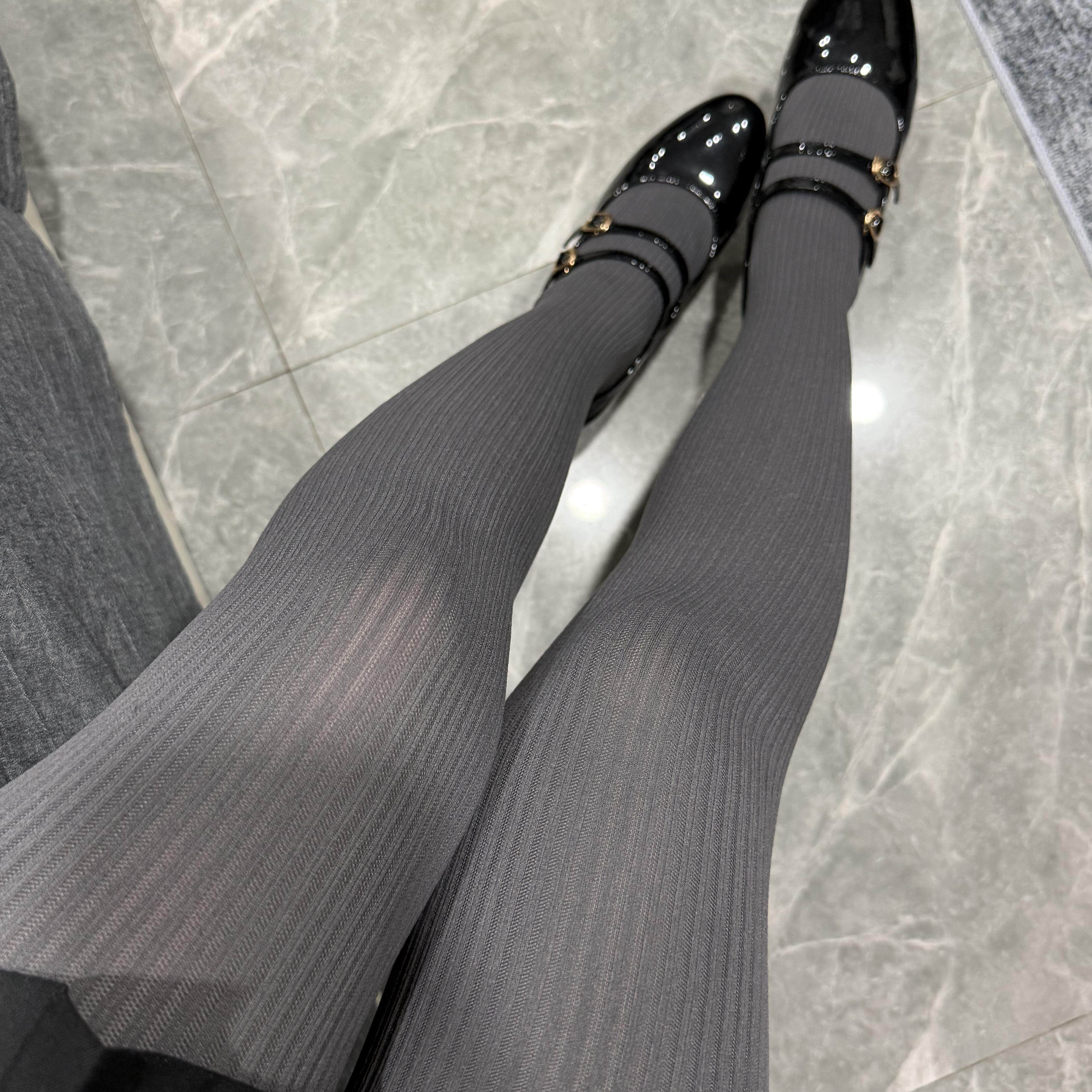 秋冬细腻感微微露肉竖条纹连裤袜