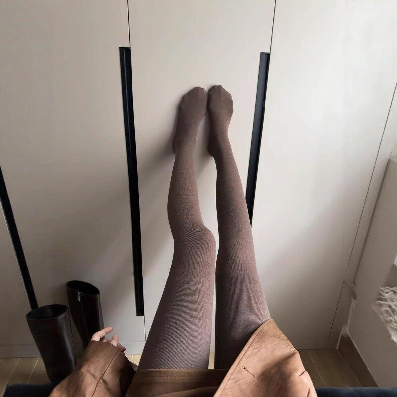 秋天bi备~咖色连裤袜！竖纹显瘦~2025复古气质秋冬韩系外穿打底裤