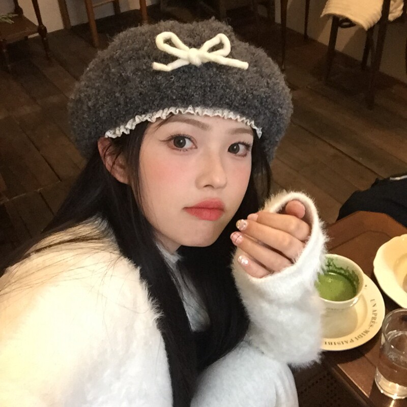 自制圈圈纱羊羔毛蕾丝贝雷帽子女