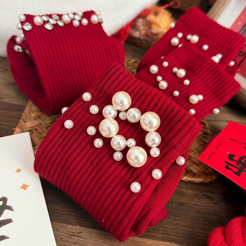 百棉抗起球红袜子新年酒红大红女