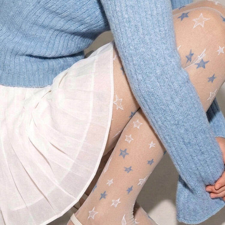 蓝白星星刺绣提花丝袜少女辣妹风
