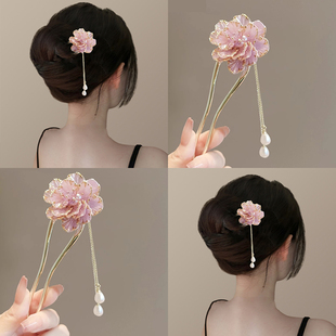 牡丹细语！紫色流苏发簪！新中式花朵珍珠古风发钗女后脑勺 U型簪
