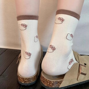 hellokitty袜子女款 袜子长筒袜 秋中筒袜白色堆堆袜子miu系勃肯鞋