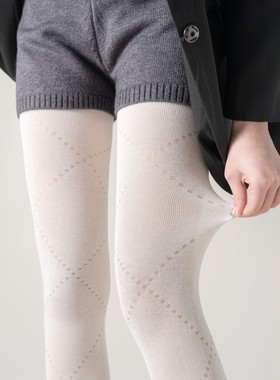 秋冬复古镂空菱形格连裤袜棉质甜美白色小香风打底袜精梳棉直角跟
