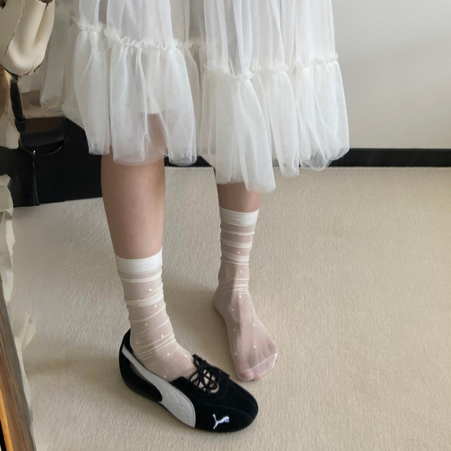 小单鞋搭配波点堆堆袜好夏天好喜欢啊~袜子女小腿薄款中长筒鞋带