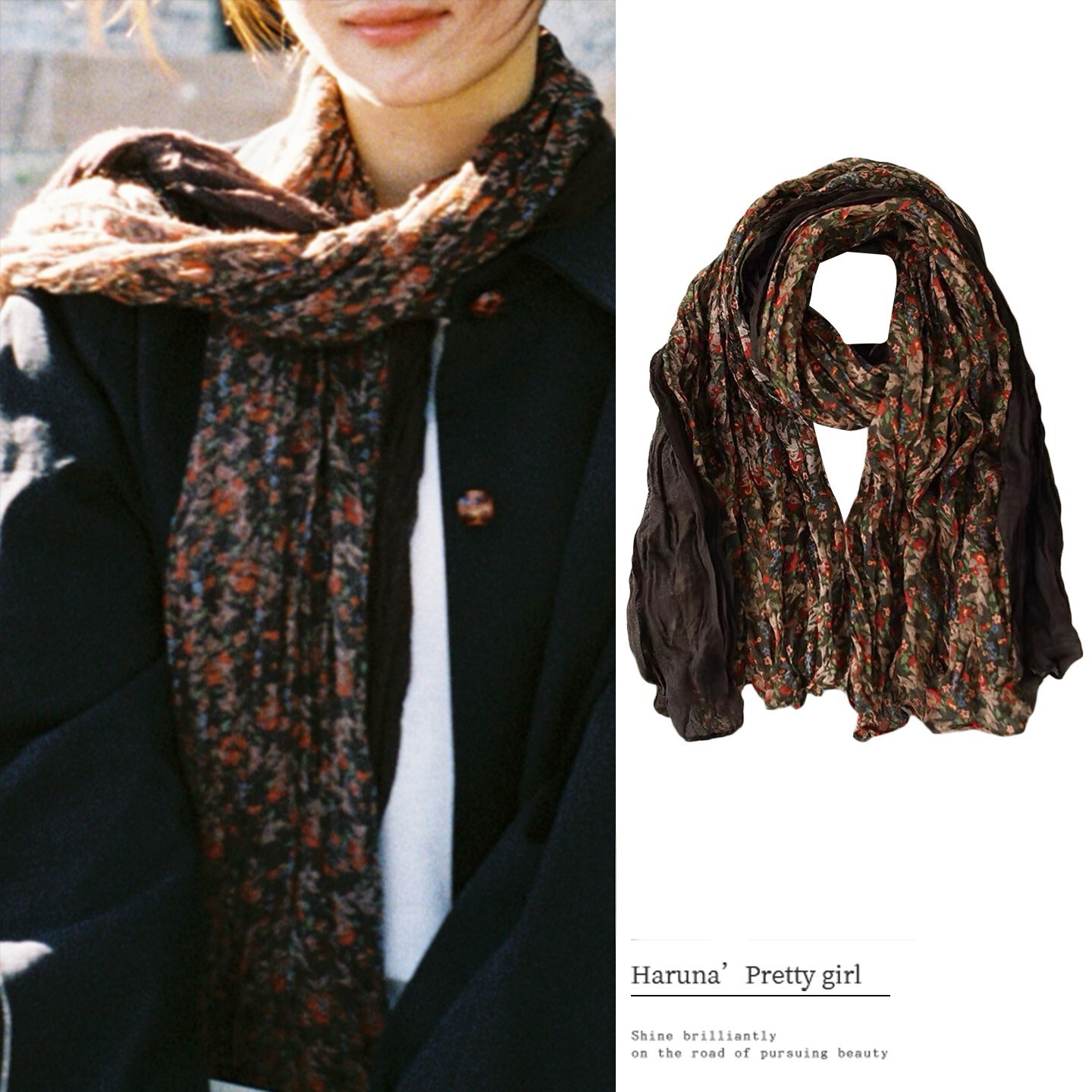 文艺范!咖色碎花围巾女长条丝巾围脖护颈通勤颈饰秋冬美拉德气质