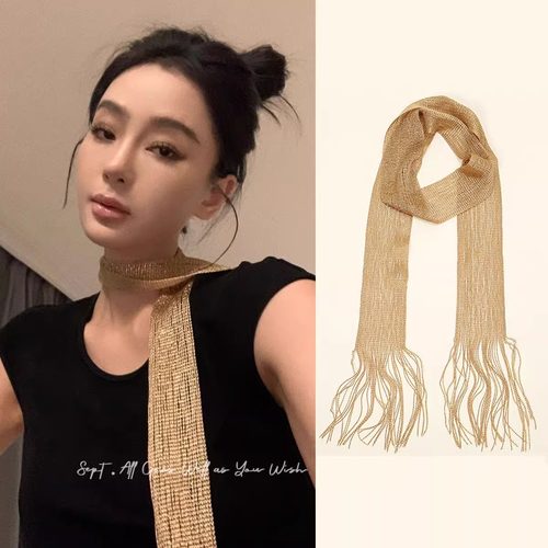 新款飘带金色薄款长条丝巾女系脖
