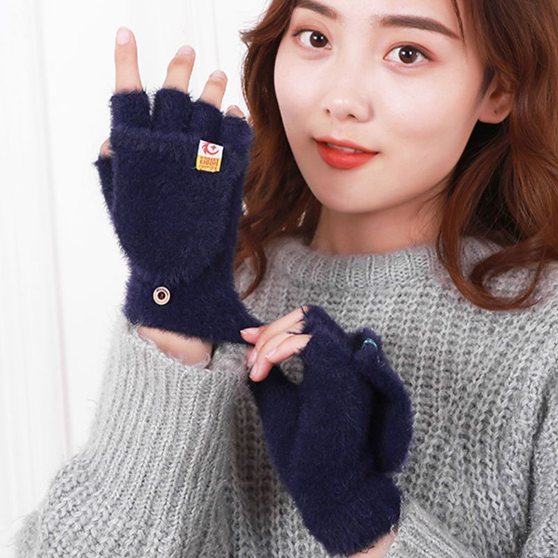 秋冬露指头保暖手套男女加厚翻盖仿貂毛防寒保暖时尚毛绒手套