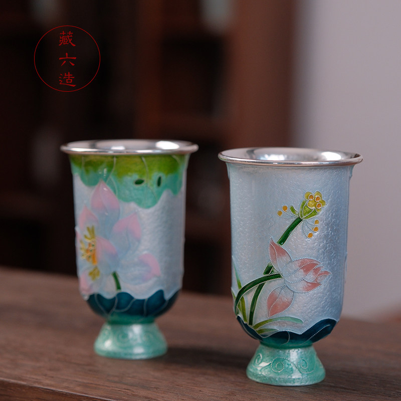 银茶杯 藏六造七宝烧清荷玉立杯 纯手工主人杯999纯银茶具礼盒装,餐饮具,茶杯,淘宝优惠券,粉丝福利购,淘宝优惠卷