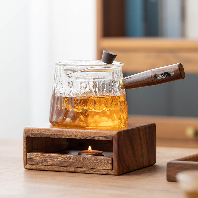 胡桃木温泡茶炉蜡烛加热花茶壶养生耐高温玻璃泡茶家用可明火煮茶