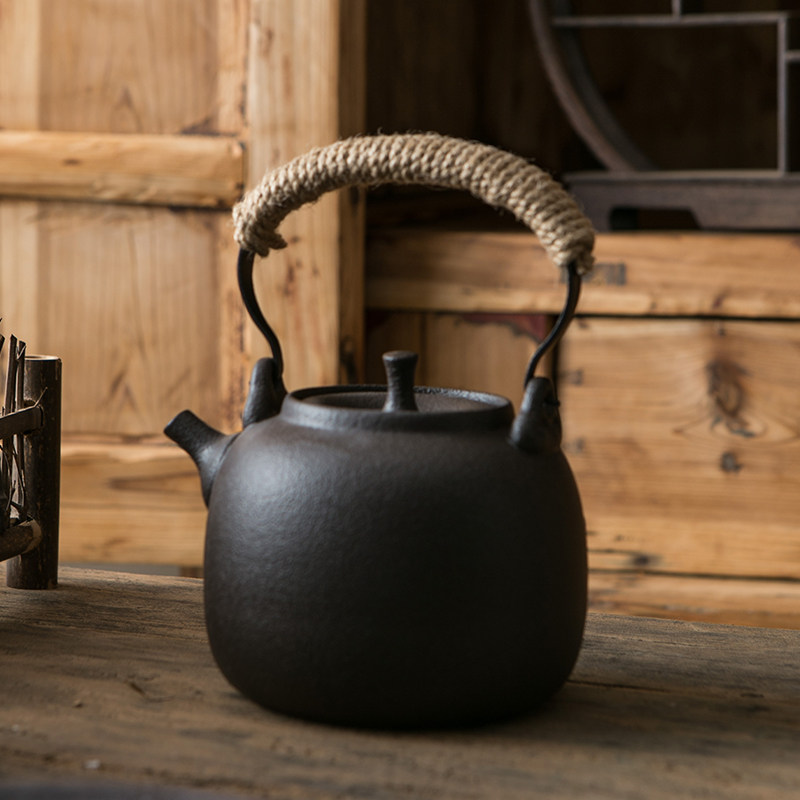 复古黑陶煮茶壶碳炉明火直烧粗陶烧水壶提梁壶户外围炉煮茶土陶壶
