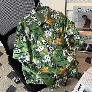 夏威夷风设计感痞帅宽松300斤衬衣 泰式 港风复古vintage花衬衫 短袖