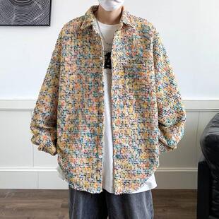 小香风千鸟格外套男秋季2024新款设计感痞帅大码高级衬衫外套潮牌