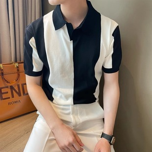 宽松轻熟撞色翻领潮流透气针织 韩版 夏季 冰丝黑白拼色短袖 男Polo衫