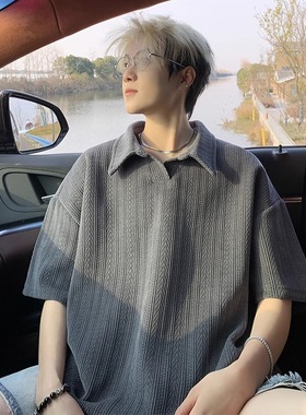 麦穗纹短袖t恤男款夏季美式重磅宽松休闲灰色体恤翻领polo衫男生