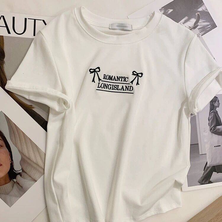 莫代尔短袖刺绣蝴蝶结T恤女2025夏季简约休闲美式字母印花上衣服