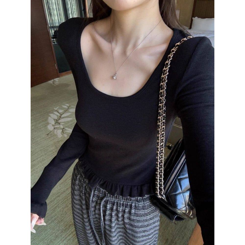 设计感小众U领木耳边长袖T恤女早秋修身chic甜辣妹打底衫外穿上衣