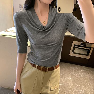灰色荡领打底衫T恤女秋