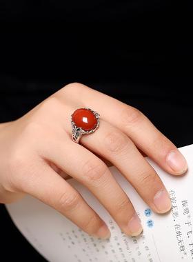 2025千叶国风饰品镶嵌南红蝴蝶戒指泰银复古做旧手饰开口指环食指