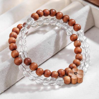 2025天然白水晶檀木双圈串珠手链 文艺复古新中式中国风手串批货