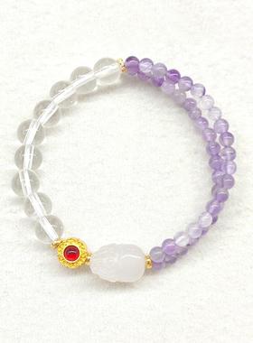 2025仙气盐源貔貅手串紫飘花蚂瑙白色水晶串珠双拼手链轻奢高级感