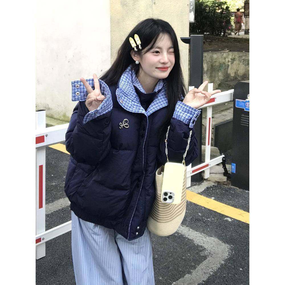 棉衣女款爆款2025新款小个子冬季美式格子棉服潮牌宽松面包服外套