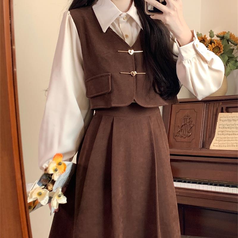 马甲法式长袖连衣裙女装秋季大码学院风学生礼服新款红色套装裙子