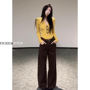 美拉德棕咖色阔腿牛仔裤女高腰直筒宽松百搭辣妹拖地裤子加长春秋