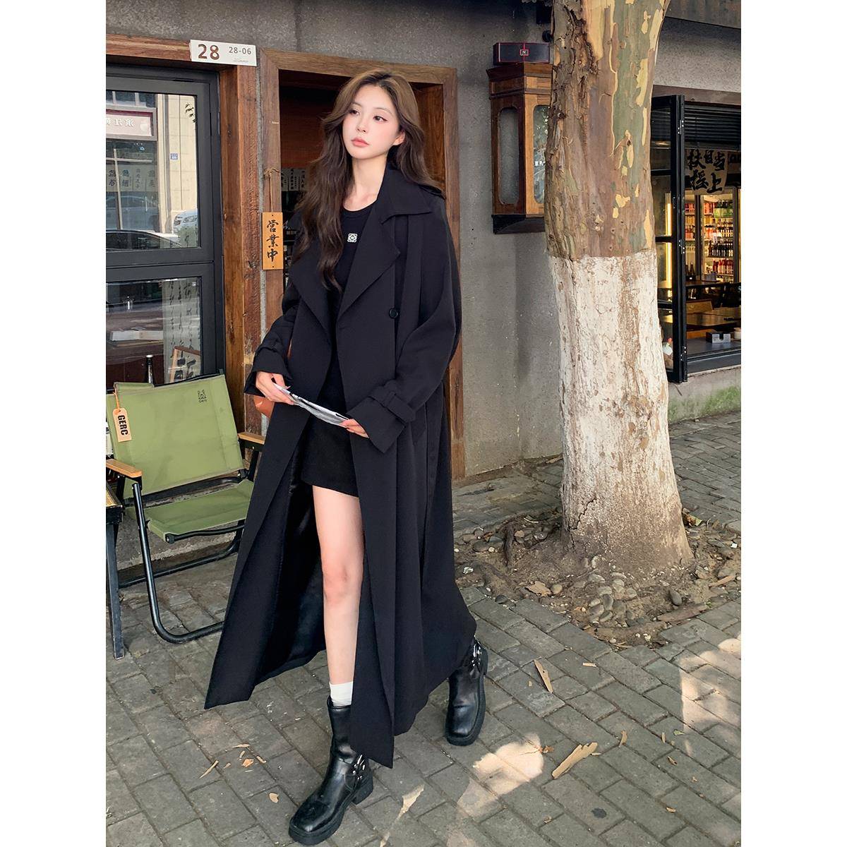 FEB7黑色风衣外套女中长款2024年秋装新款宽松高个子加长系带收腰