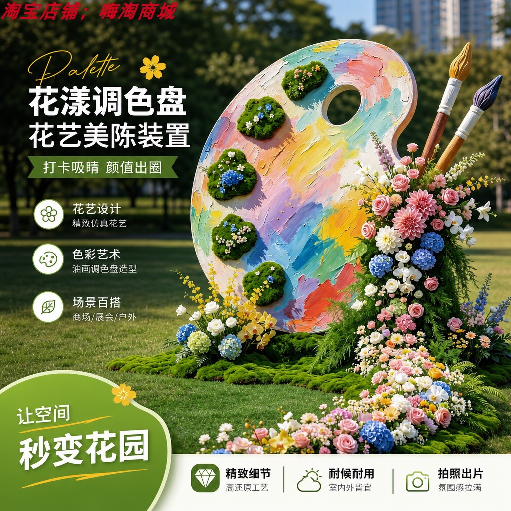 巨型油画调色盘花艺美陈装置户外公园打卡摆件商场门店仿真瀑布花