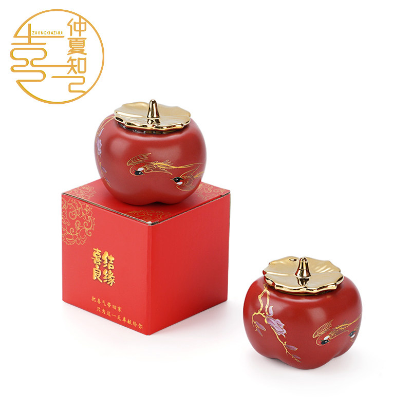 比翼连理陶瓷结婚喜糖罐茶叶密封罐储物罐摆件婚礼喜庆伴手礼陪嫁