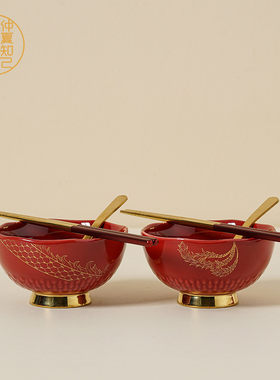 仲夏知己送新人结婚喜碗筷套装一对新婚礼物女方陪嫁订婚红色对碗