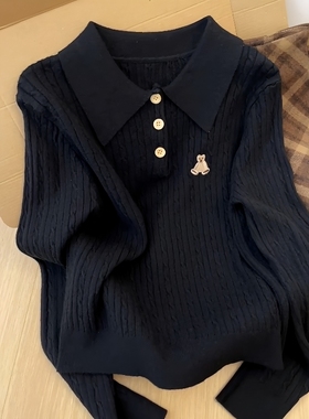 大码减龄刺绣polo领黑色麻花毛衣秋季新款针织衫宽松显瘦内搭上衣
