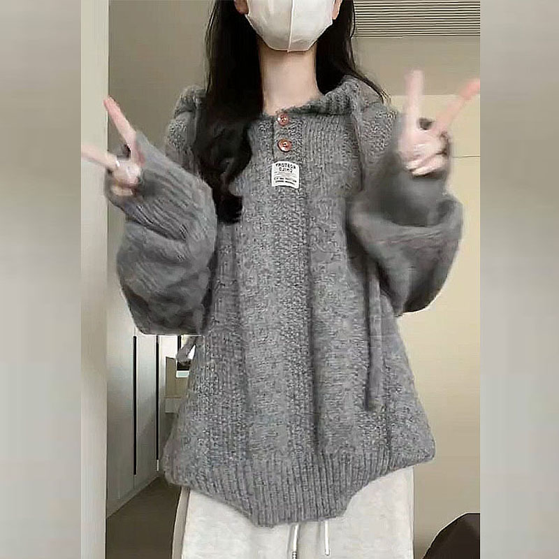 慵懒风灰色连帽卫衣毛衣