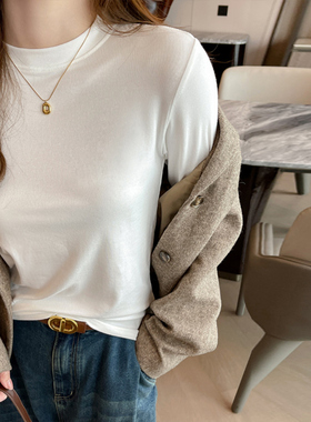 莫代尔白色小立领打底衫女秋冬内搭高级感半高领中领正肩长袖t恤