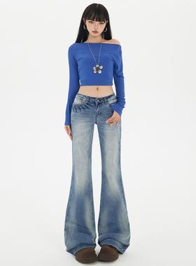 美式蓝色低腰微喇牛仔裤女2025秋冬新款修身显瘦加厚直筒喇叭裤子