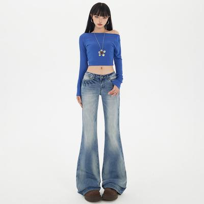 美式蓝色低腰微喇牛仔裤